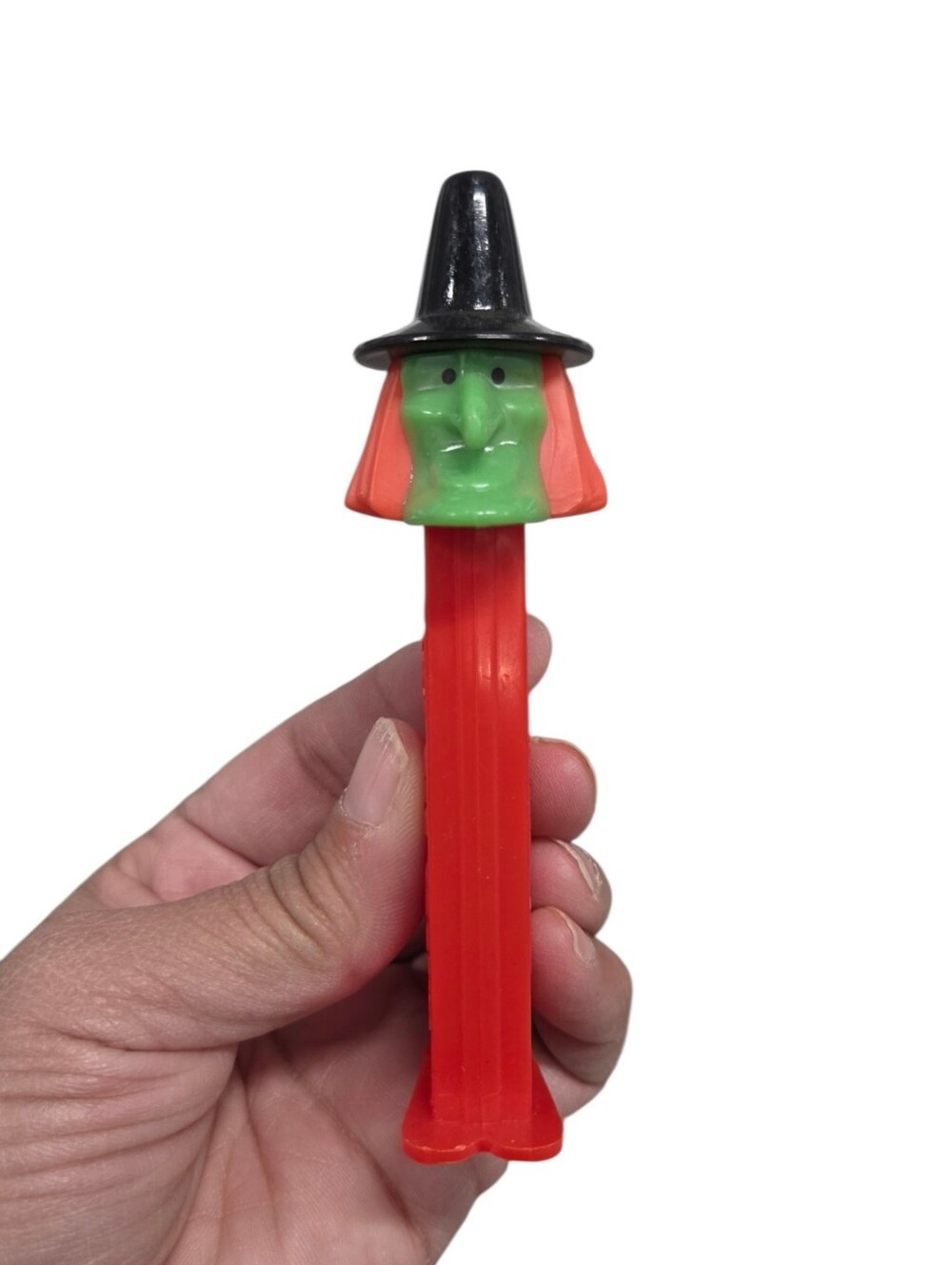 Vintage 1991 Witch D PEZ Dispenser Orange Stem, Green Face, Black Hat